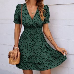 New Dalmatian Print Shirred Waist Ruffle Hem Dress Green